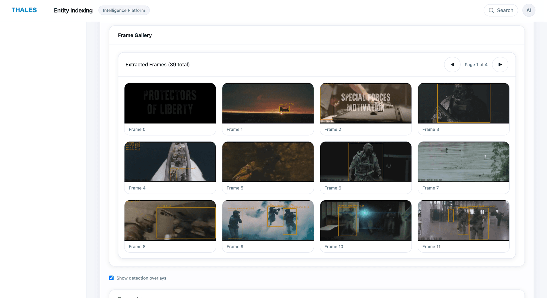 Frame gallery with detection overlays and pagination