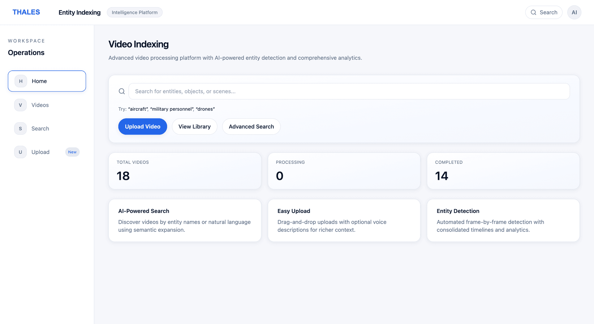 Overview screen showing global search, upload actions, and system stats
