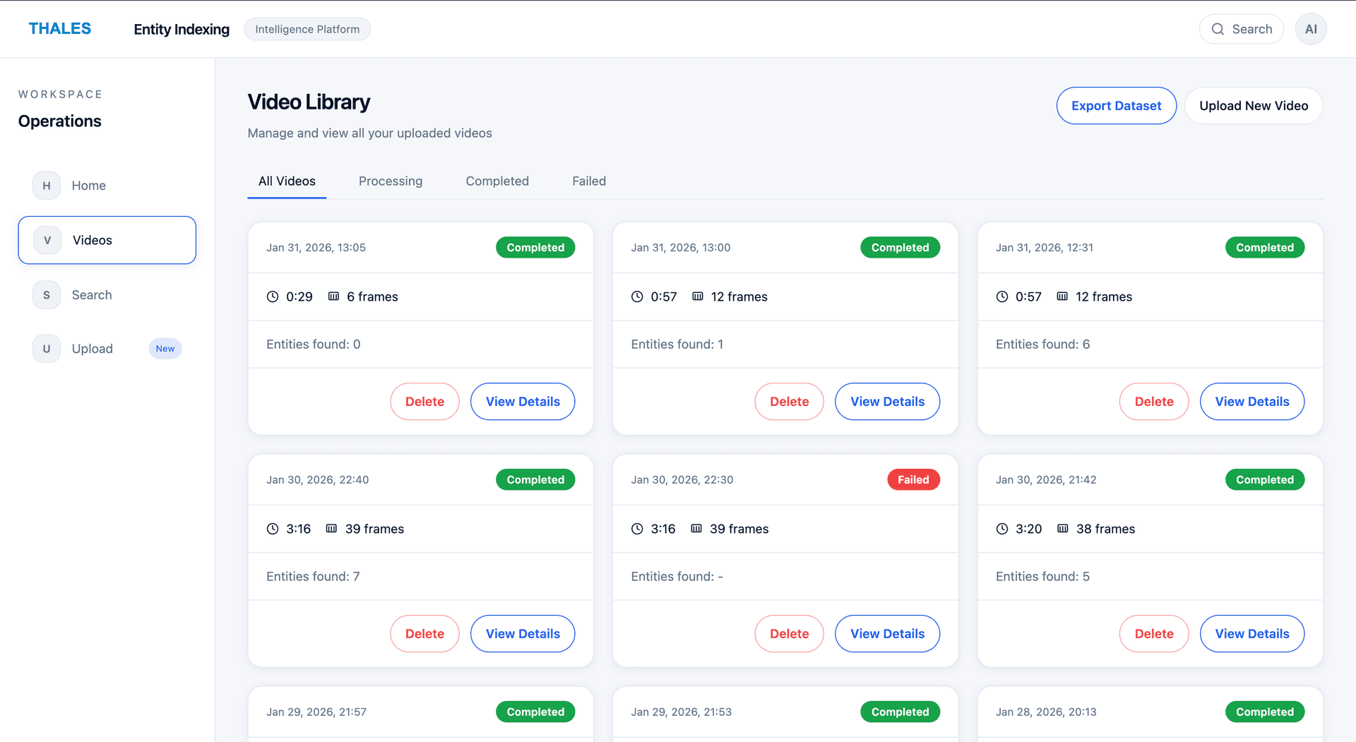 Video library with processing and completed statuses