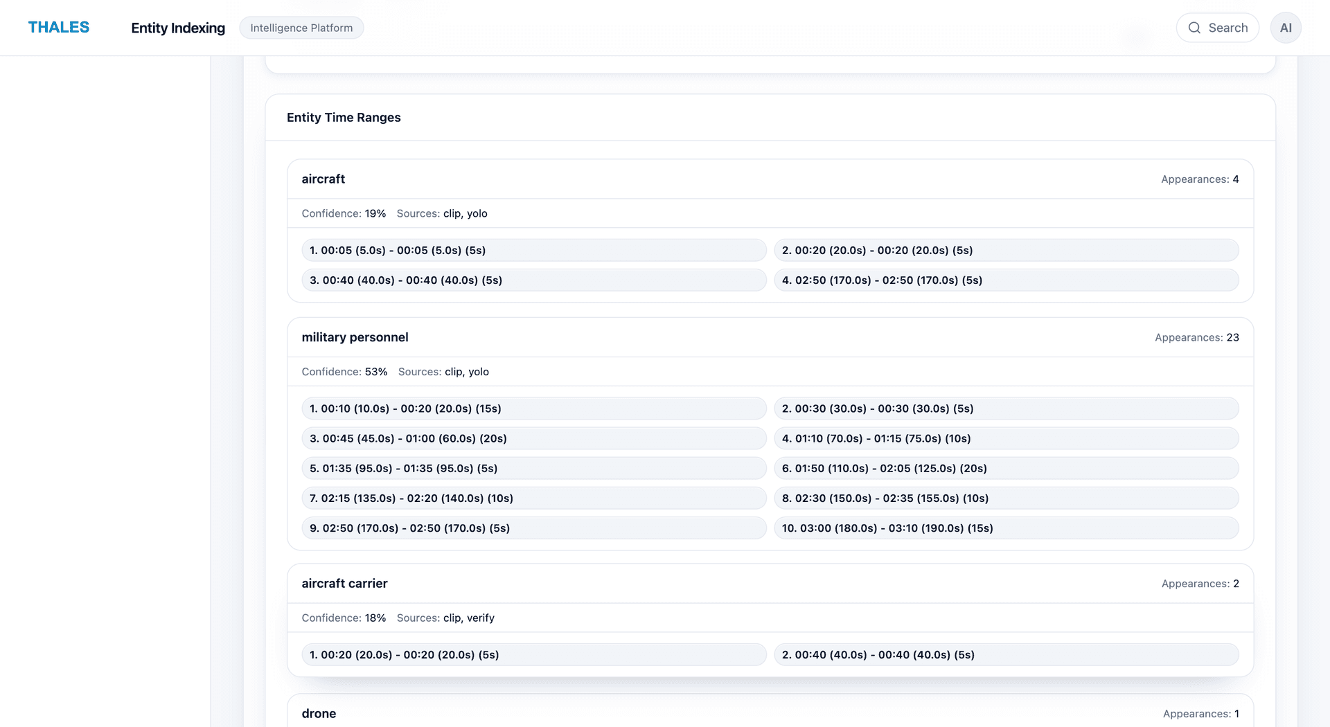 Entity time ranges with confidence and sources