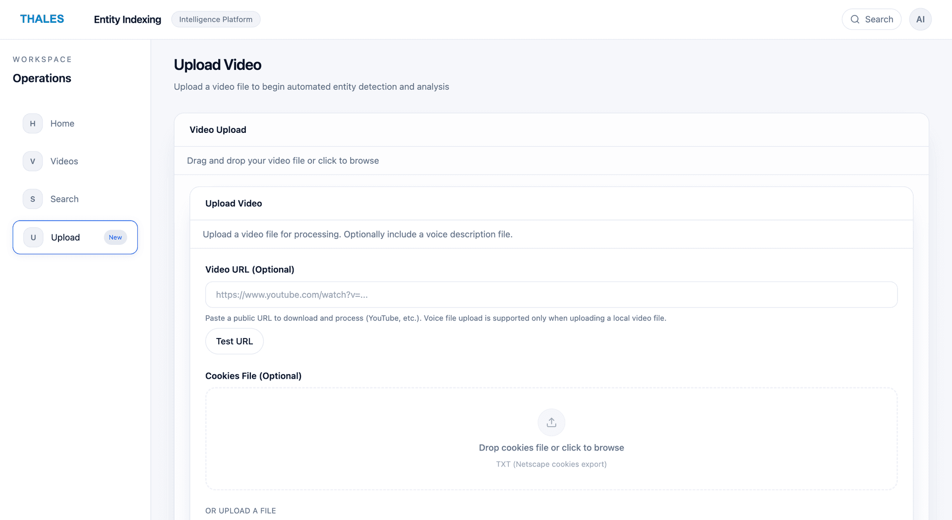 Upload screen with file and optional URL inputs